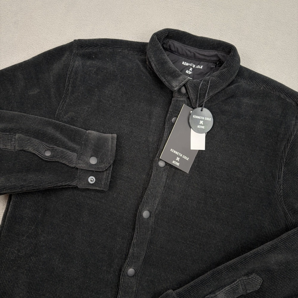 Kenneth Cole Active Comfort Shirt Jacket Mens L Black Corduroy Snap Shacket FLAW